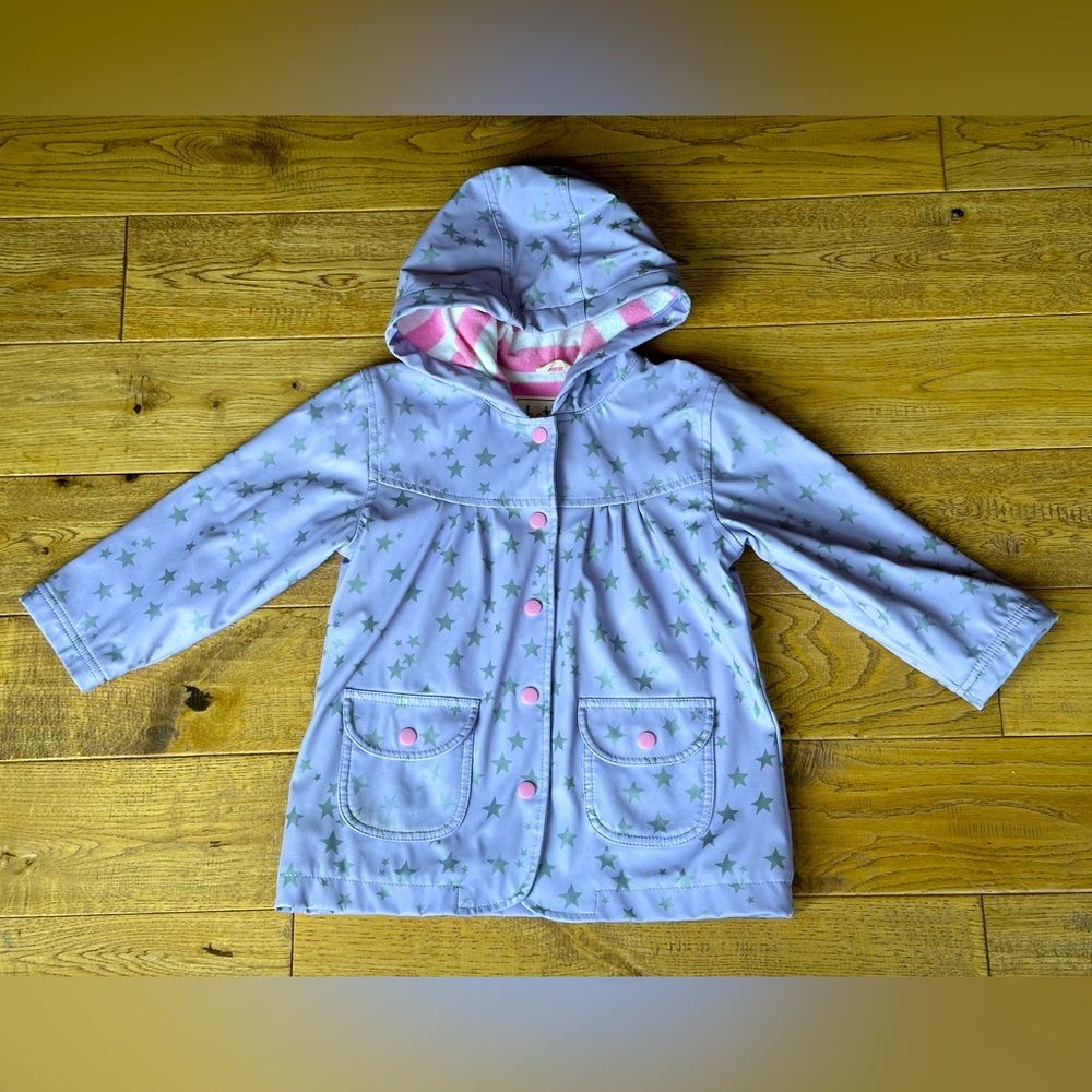 Hatley Girls Purple with Silver Stars Snap Button Hooded Rain Jacket size 4